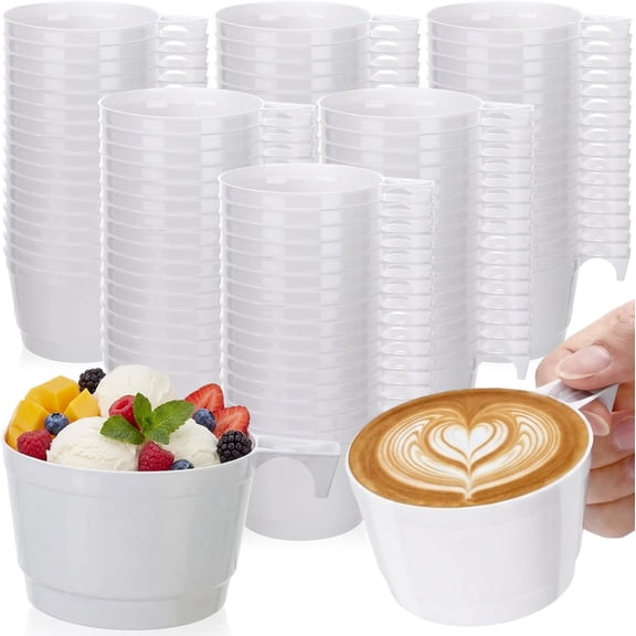 200 Count 4 oz Hard Plastic Coffee Cups with Handle Disposable Mini Mugs Transparent White