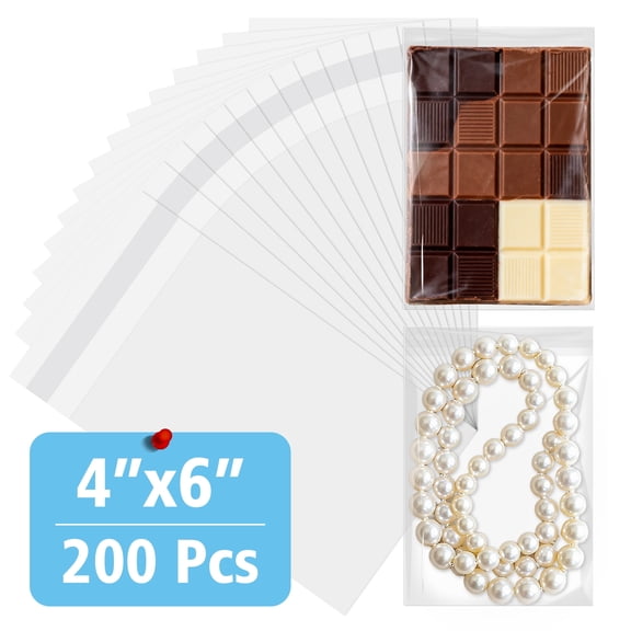 200 Count 4x6 Inch Clear Cellophane Plastic Bags, Resealable Self-Sealing Cello Bags