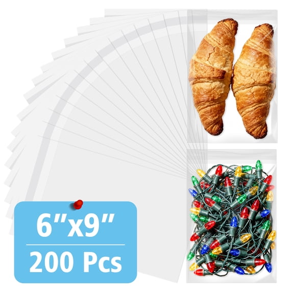 200 Count 6x9 Inch Clear Cellophane Plastic Bags, Resealable Self-Sealing Cello Bags