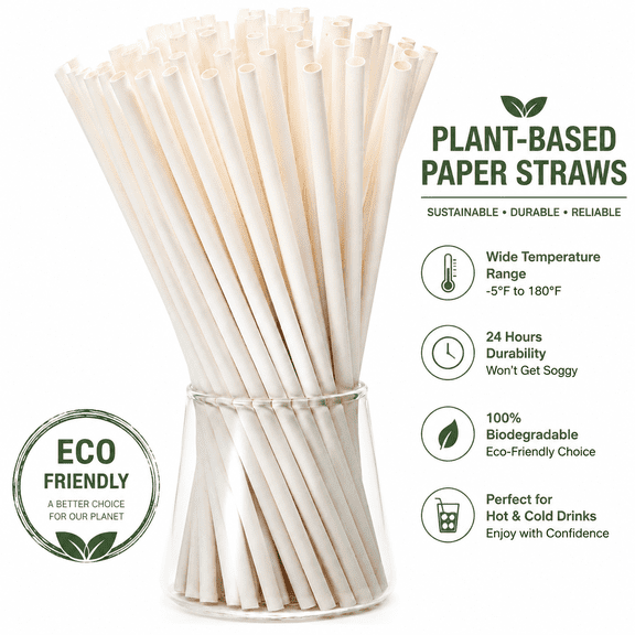 200 Count 7.8 Inch Compostable Plant-Based Drinking Straws, Biodegradable Disposable Straws for Hot and Cold Beverages, Eco-Friendly Natural Straws for Everyday Use