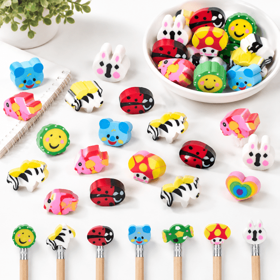 200 Count Assorted Style Pencil Eraser Toppers, Rabbit Zebra Mushroom Cake Candy Designs