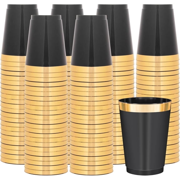 200 Black Plastic Cups 10 oz with Gold Rim
