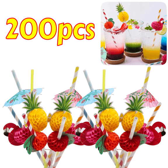 200-Count Bulk Tropical Paper Straws, Flamingo Fruit Pineapple Decorated Drinking Straws for Large Parties, Events & Summer Entertaining