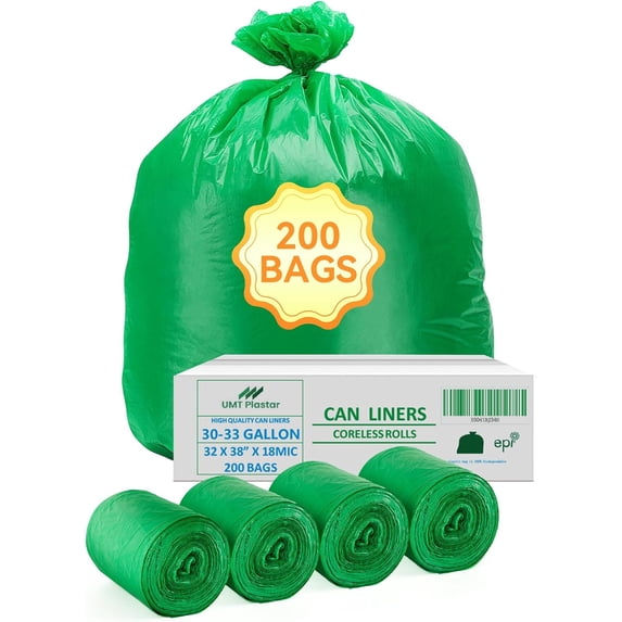 200 Count Compostable Trash Bags 30-33 Gallon, 32 x 38 Inch Biodegradable Garbage 18 Micron, Green Eco Friendly Kitchen & Household
