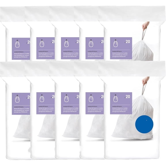 200 Count, Dispenser Pack Custom Fit Liners, Drawstring Trash Bags, 30-45 Liter / 8-12 Gallon, White