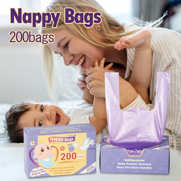 200 Count Disposable Bags Plastic Nappy Bags with Handles Scented for Student Nappy Disposal Nursery and Travel Use Changing Station Supplies
