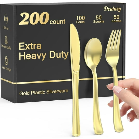 200 Count Heavy Duty Gold Plastic Silverware, 100 Forks, 50 Spoons, 50 Knives, BPA-Free, Heat Resistant, Disposable Plastic Utensils Set Cutlery Set, Plasticware Bulk