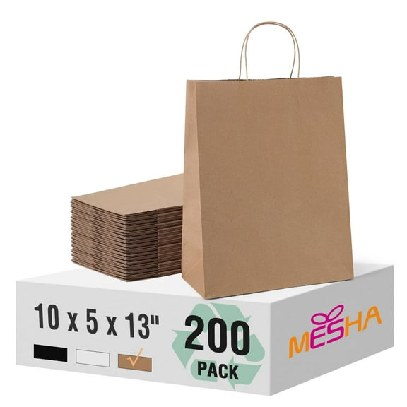 Kraft Paper Bags Bulk 200 Pcs, 10x5x13 Inches Large Gift Bags with Handles, Recyclable Brown Shopping Bags for Small Business, Wedding Party Favors, Retail Packaging