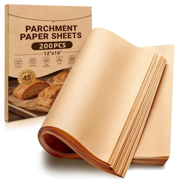 200 Count Parchment Paper Sheets – Unbleached Non-Stick Baking Sheets, Precut Baking Paper for Oven, Air Fryer, Cooking, Available in Multiple Sizes