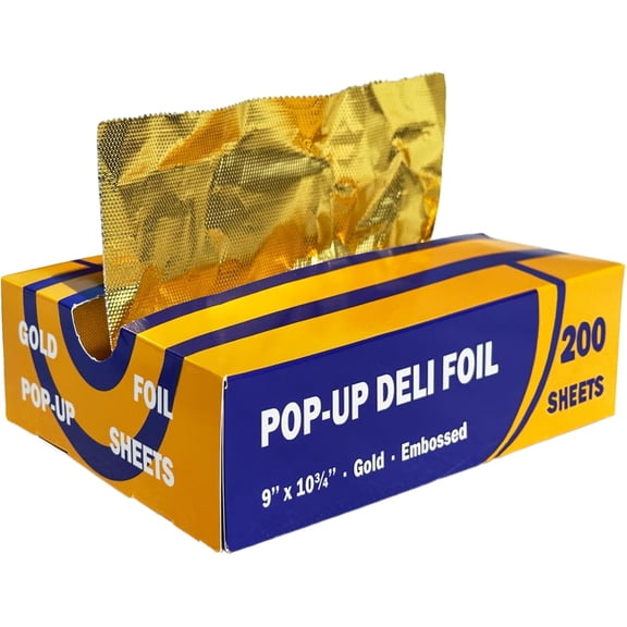 200 Count Pre-cut Pop-up Deli Aluminum Foil Sheets Gold Color, 9 x 10.75 Disposable Wrappers for Food Wrap, with Embossed Design