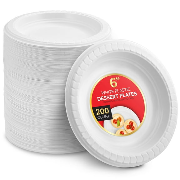 200 Count Premium White Plastic Plates, 6 Inch White Disposable Wedding Cake Plates, Heavy Duty Plastic Dessert Plates, Cocktail Appetizer Plates for Christmas Dinner Parties, Stock Your Home