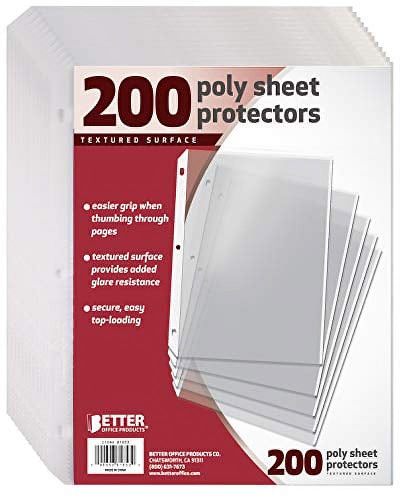 200 Count Textured Sheet Protectors by Better Office Products, 8.5 x 11 inch, Textured for Added Anti Glare, Extra Privacy, and Easier Handling, Top