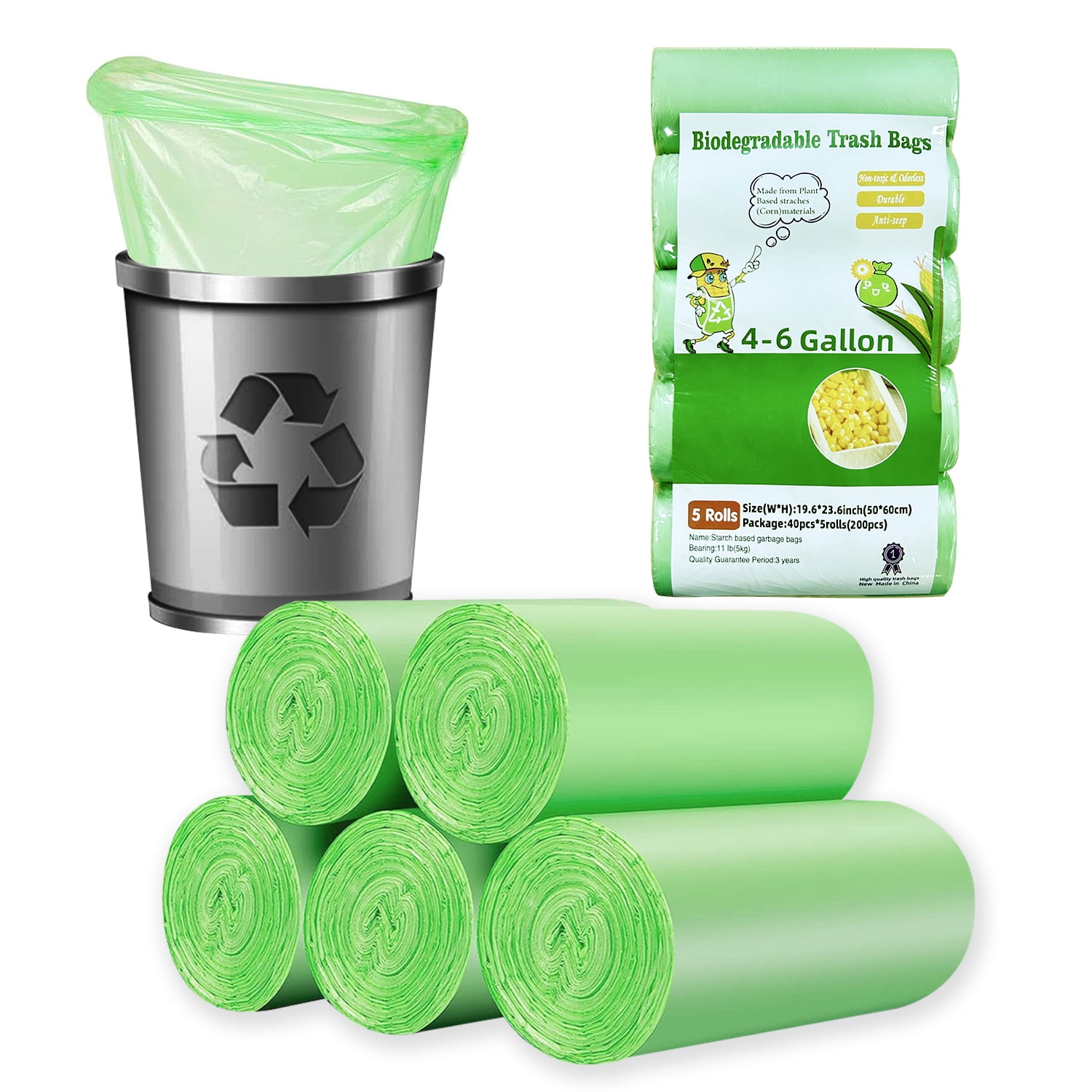 200 Counts 4 6 Gallon Biodegradable Trash Bags Small Can Liners 4 5 6 Gal  Waste Basket Bags Bin Liners Bathroom Bedroom Kitchen Unscented Tear Resist