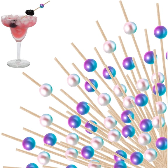 200 Counts Cocktail Picks for Appetizers 4.7 Inch Rainbow Pearl Fruit Sandwich Skewers Wooden Toothpicks Sticks Mermaid Party Favors Birthday Wedding Supplies