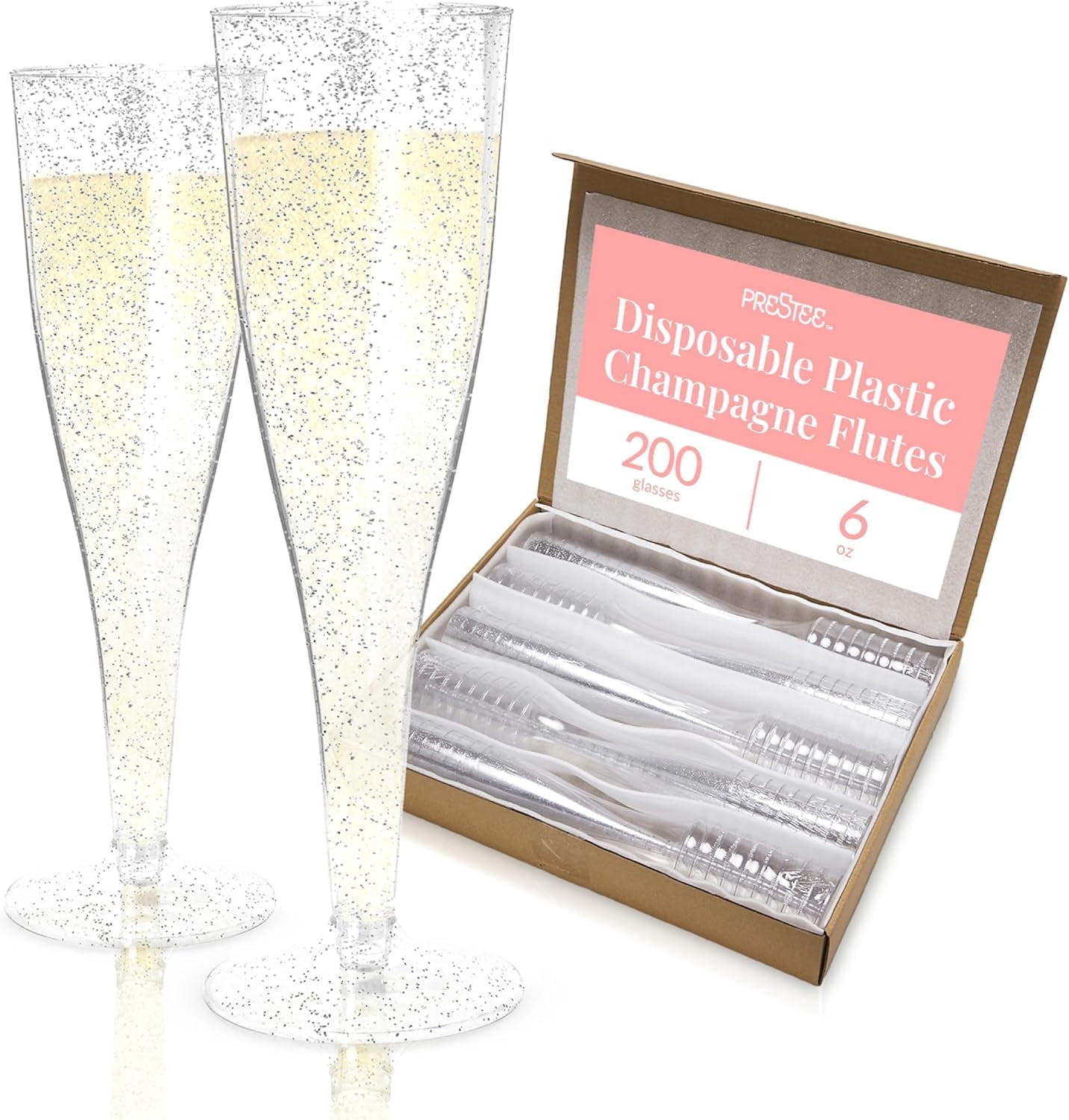 200 Disposable Champagne Flutes Gold Glitter Glasses - 6 Oz Plastic Champagne Cups for Parties, Wedding Toasts, Mimosa Bar, and New Year’s Eve - Elegant Bulk Gold Plastic Wine Flutes