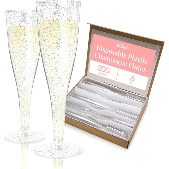 200 Disposable Champagne Flutes Gold Glitter Glasses - 6 Oz Plastic Champagne Cups for Parties, Wedding Toasts, Mimosa Bar, and New Year’s Eve - Elegant Bulk Gold Plastic Wine Flutes