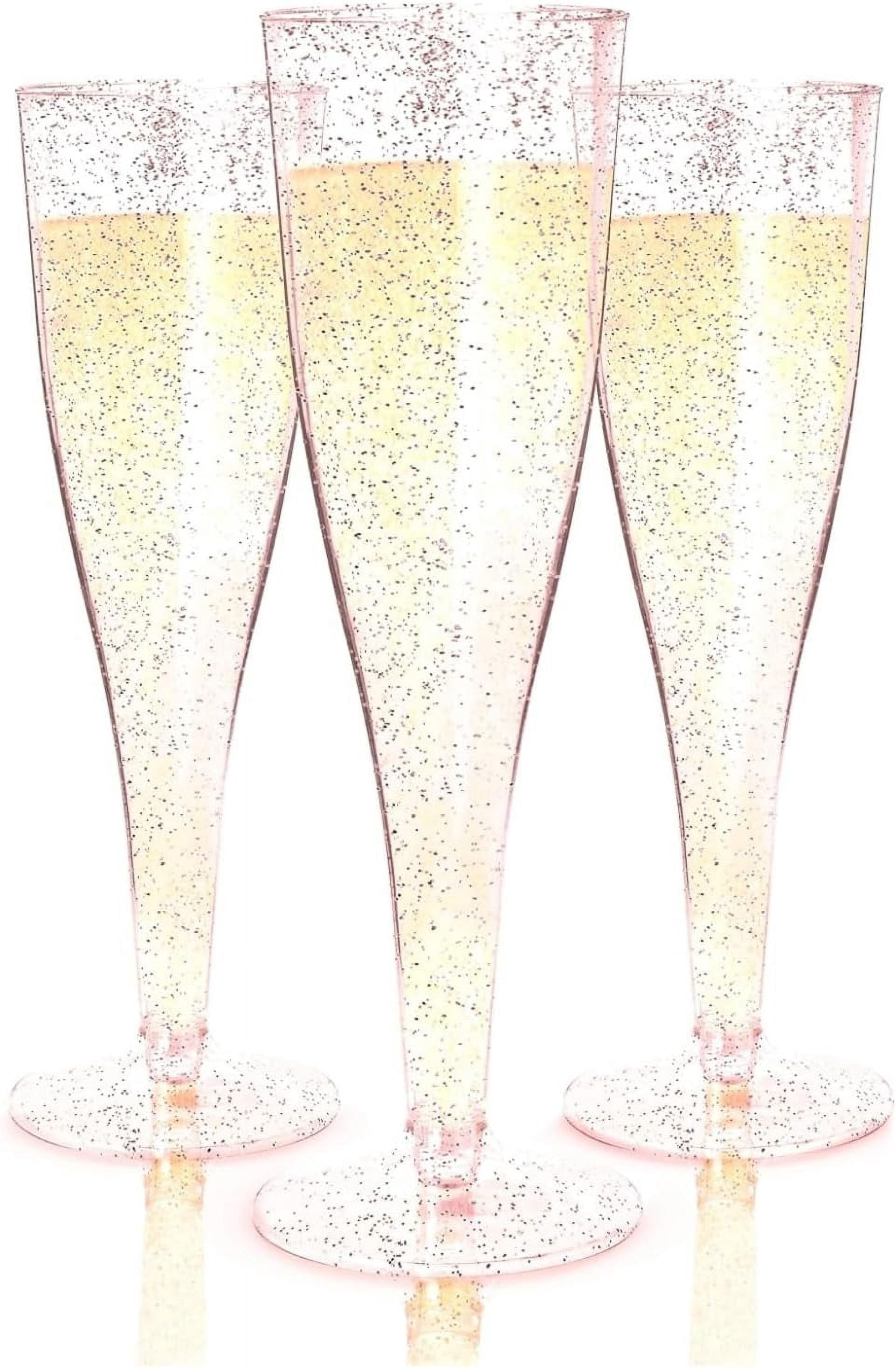 200 Disposable Champagne Flutes Gold Glitter Glasses - 6 Oz Plastic Champagne Cups for Parties, Wedding Toasts, Mimosa Bar, and New Year’s Eve - Elegant Bulk Gold Plastic Wine Flutes