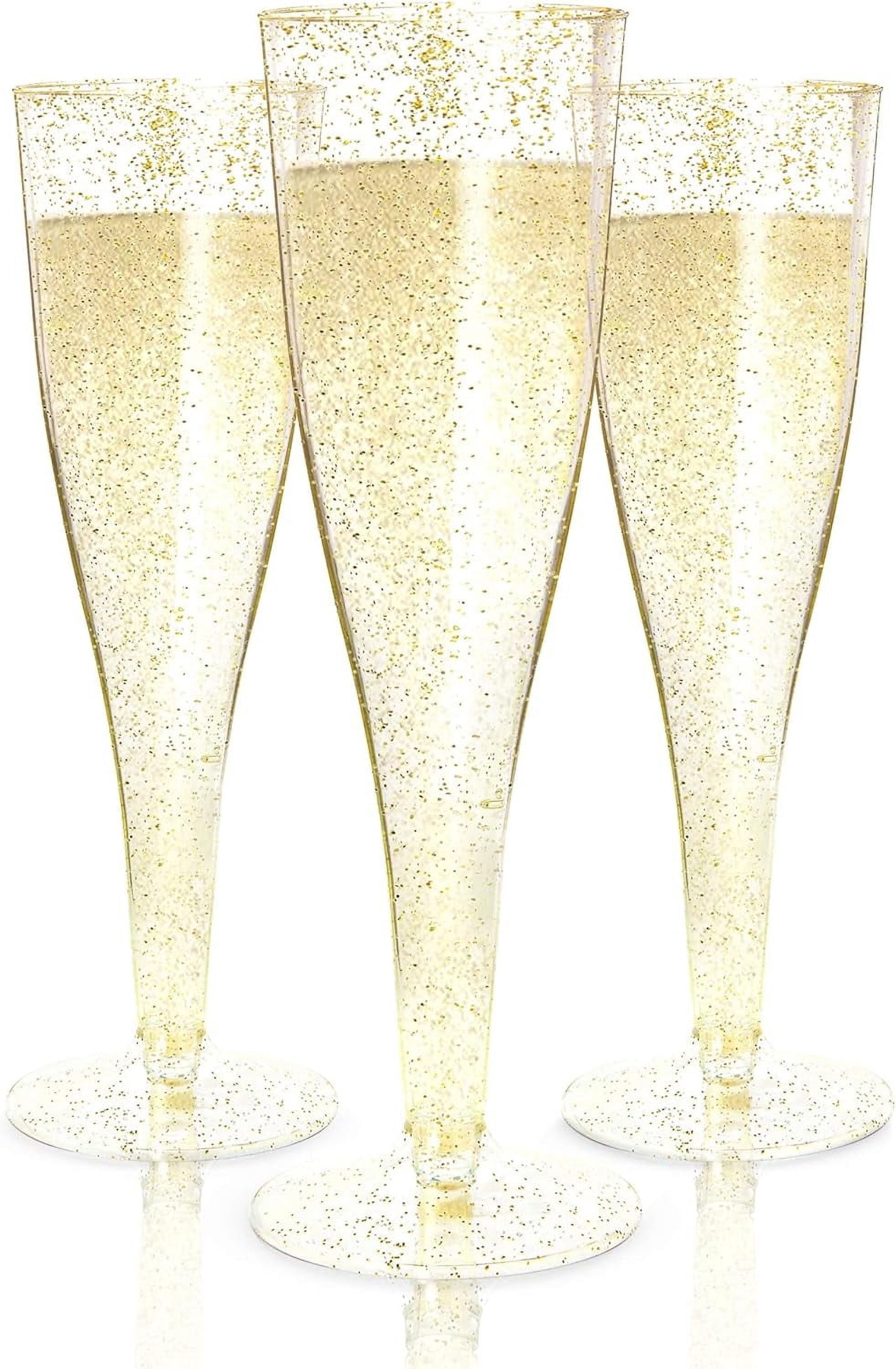 200 Disposable Champagne Flutes Gold Glitter Glasses - 6 Oz Plastic Champagne Cups for Parties, Wedding Toasts, Mimosa Bar, and New Year’s Eve - Elegant Bulk Gold Plastic Wine Flutes