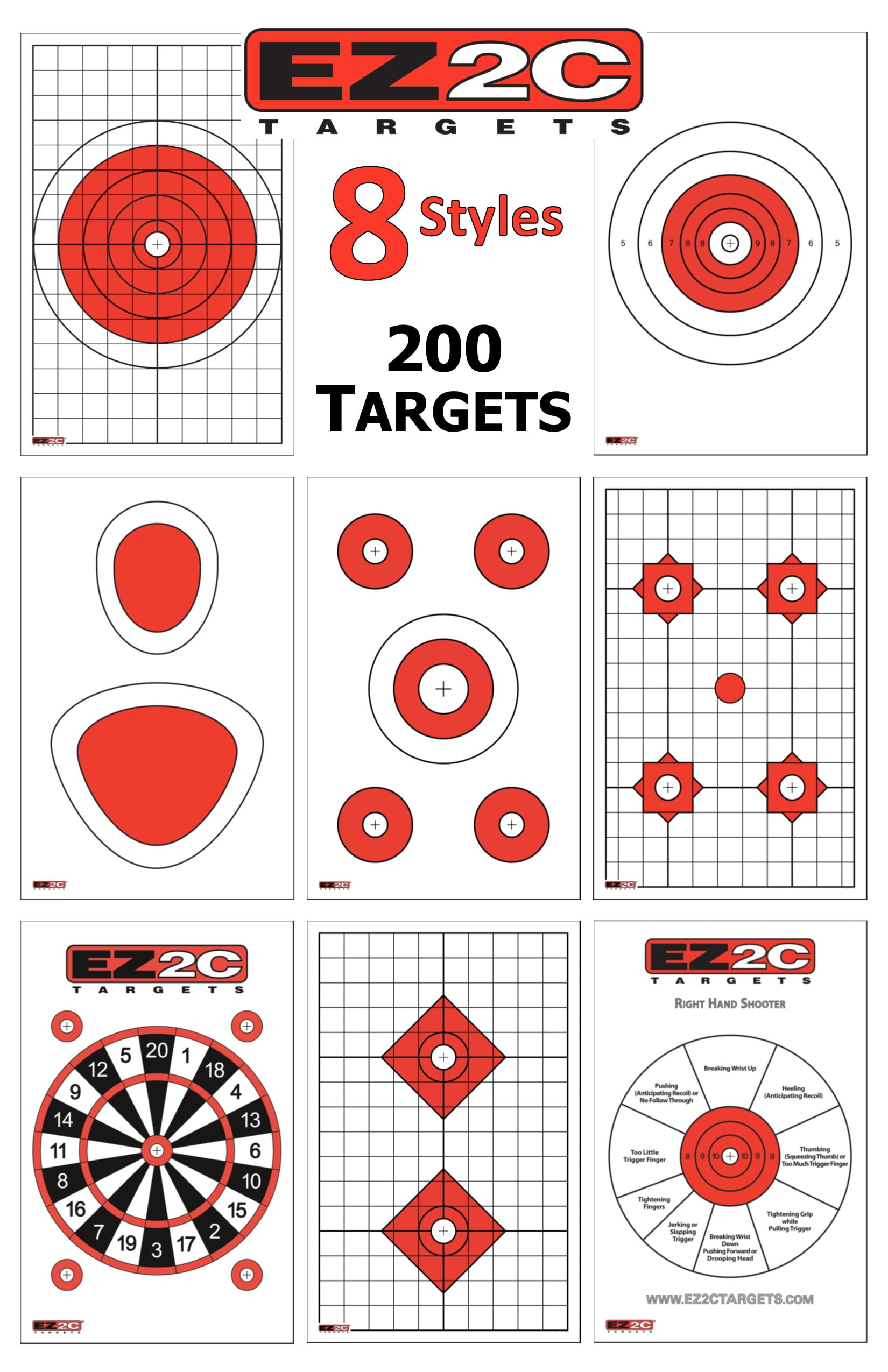 200 EZ2C Targets - Eight Most Popular Styles Combo Package Paper Shooting Targets for Range