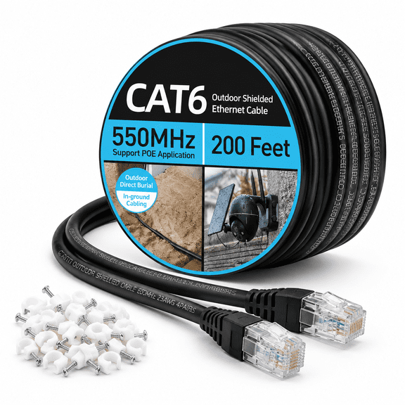 200 Feet Shielded Copper Wire Cat6 Outdoor Ethernet Cable for Poe Internet Cabling