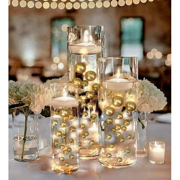 200 Floating Gold Pearls with Gold Sparkling Gems- Large Sizes- Fills 4 Gallons of The Floating Transparent Water Gels for Your Vases- with Pre-Measured Prep Bags for Best Results!