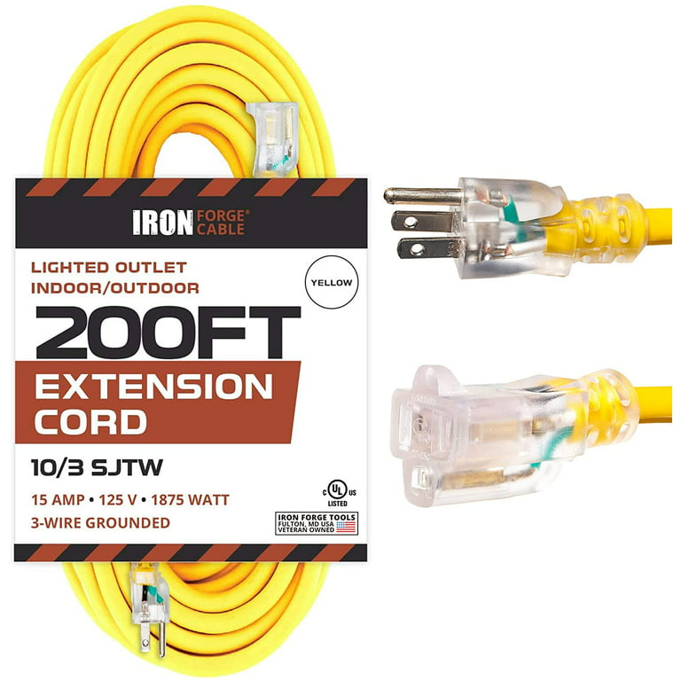 Iron Forge Cable 100ft Outdoor Extension Cord, Lighted with 3 Electrical  Power Outlets - 12/3 Gauge SJTW Heavy Duty Extension Cable, Yellow in Color  - 3 Pronged with Grounded Plug for Improved Safety 