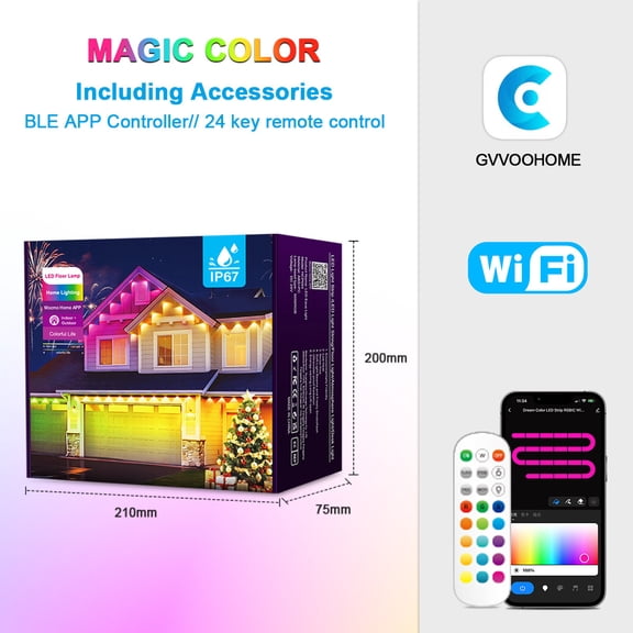 200-Foot Permanent Outdoor Lights, IP67 Waterproof, Smart RGB+IC Eaves LED Lights with App and Button Control, 200+ Dynamic Scene Modes for Home Roofs, Gardens, Christmas, and Party Decor