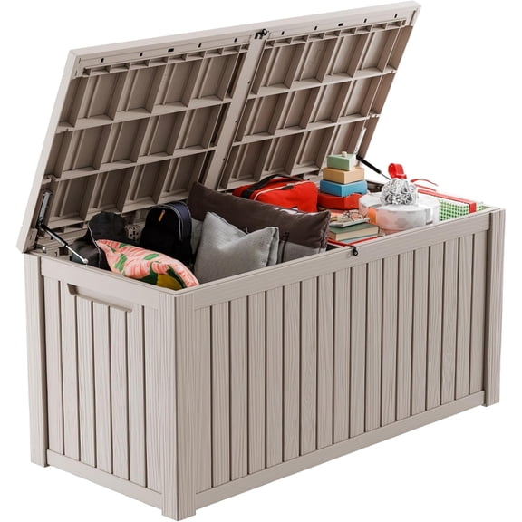 200 Gallon Large Deck Box,Resin Outdoor Storage Box with Lockable for Patio Furniture, Garden Tools Waterproof Outside Storage Box, Grey