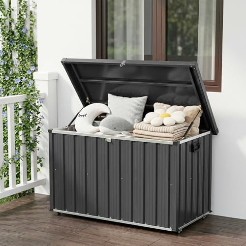 200 Gallon Outdoor Metal Storage Box, Waterproof Steel Deck Box with Lockable Soft-Close Lid, Dual Gas Struts, Wheels, Handles, Large Patio Cushion Tool Pool Storage, Brown,53.15"L x 27.76"W x 33.07"