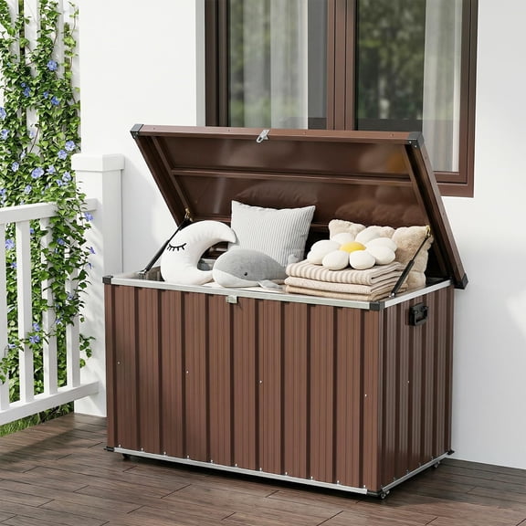 200 Gallon Outdoor Metal Storage Box, Waterproof Steel Deck Box with Lockable Soft-Close Lid, Dual Gas Struts, Wheels, Handles, Large Patio Cushion Tool Pool Storage, Brown,53.15"L x 27.76"W x 33.07"