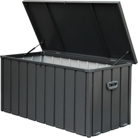 200 Gallon Outdoor Storage Box with Lockable Lid & Rolling Castors, Waterproof Metal Deck Box for Patio Cushions, Gardening Tools, UV Resistant, Dark Gray