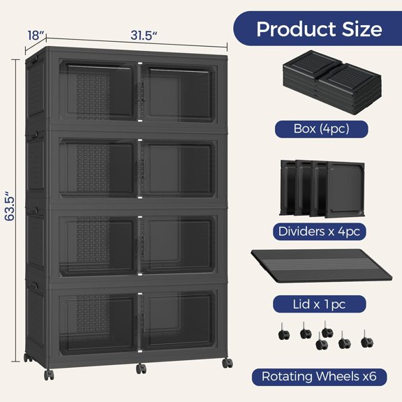200 Gallon Stackable Storage Bins with Wheels and Dividers, 4 Pack Black Collapsible Plastic Cabinets for Home Organization