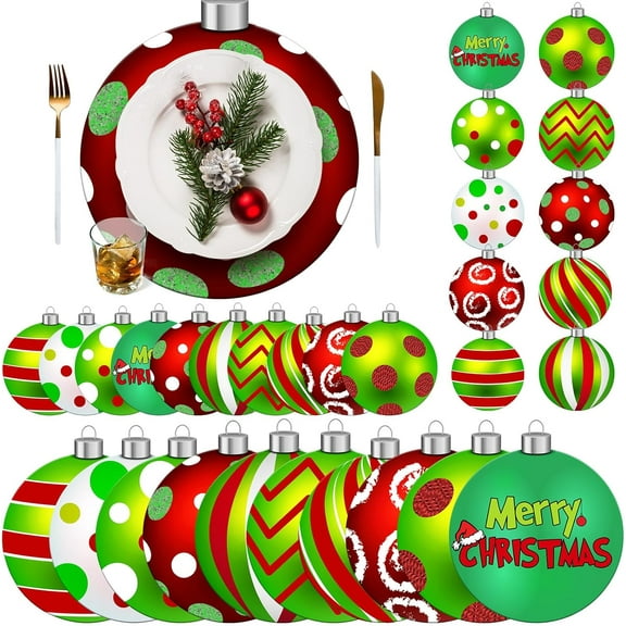 200 Green Elf Disposable Christmas Balls Placemats and Coasters Set 11 x 13 Inch Paper Red Green Candy Cane Peppermint Round Place Mats for Festival Table Xmas Holiday Party Decoration