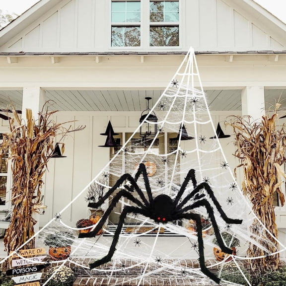 200" Halloween Spider Web + 78” Giant Spider Decorations Fake Spider with Triangular Huge Spider Web for Indoor Outdoor Halloween Decorations Yard Home Costumes Parties Haunted House Décor