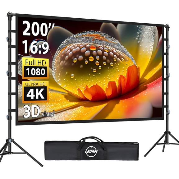 200 Inch Outdoor Projector Screen with Stand: LEORFI Large Projection Adjustable Tripod, Front & Rear Wrinkle-Free Movie Transport Bag for Backyard Night