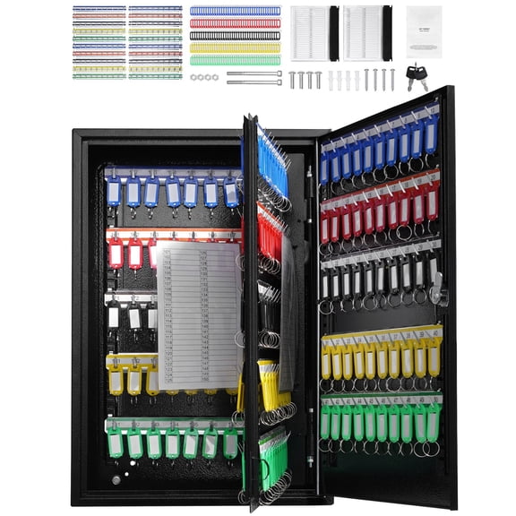200-Key Cabinet with Adjustable Racks, Steel Key Lock Box, Includes 200 Tags & 4 Record Cards for School Office Hotel