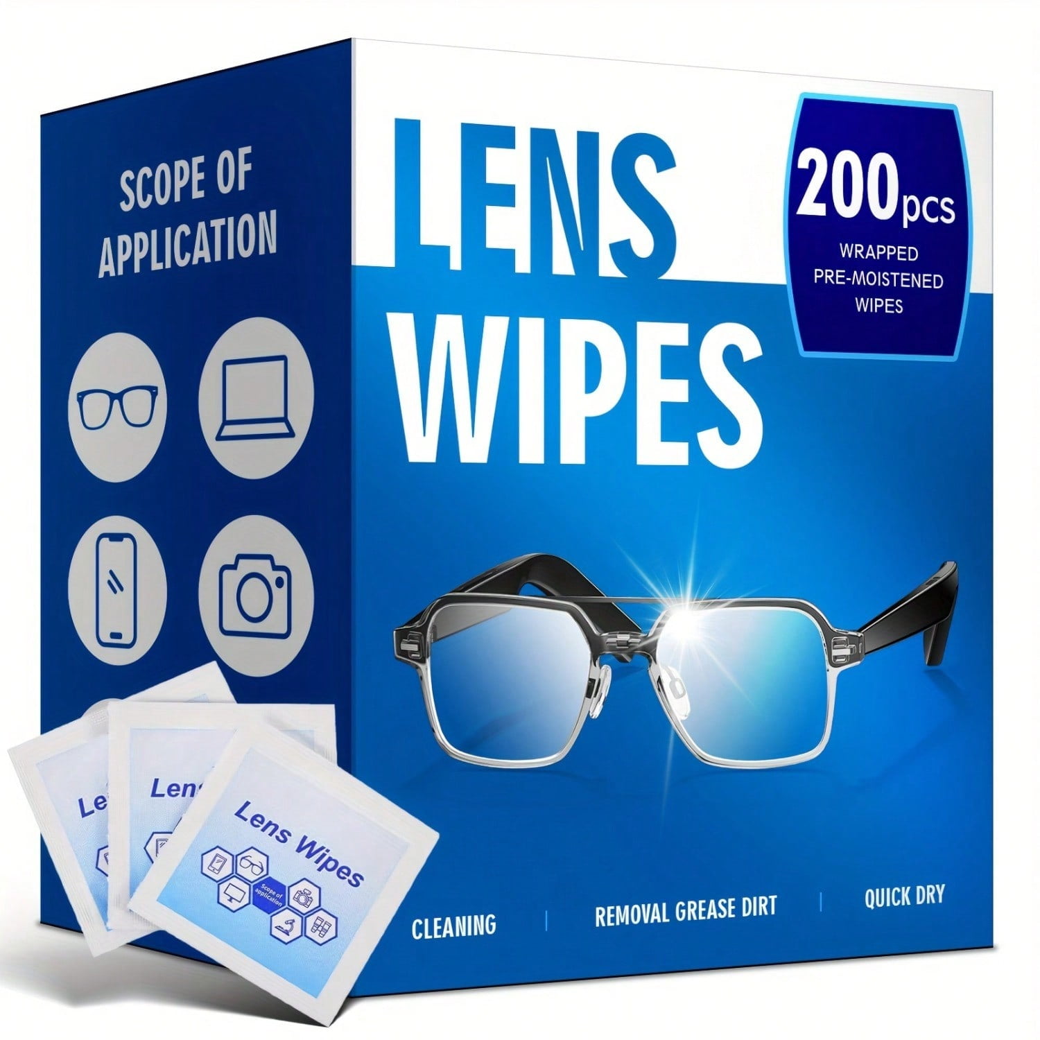 200 Lens Cleaner Wipes - Individual Wrapped Moistened Glasses Cleaning ...
