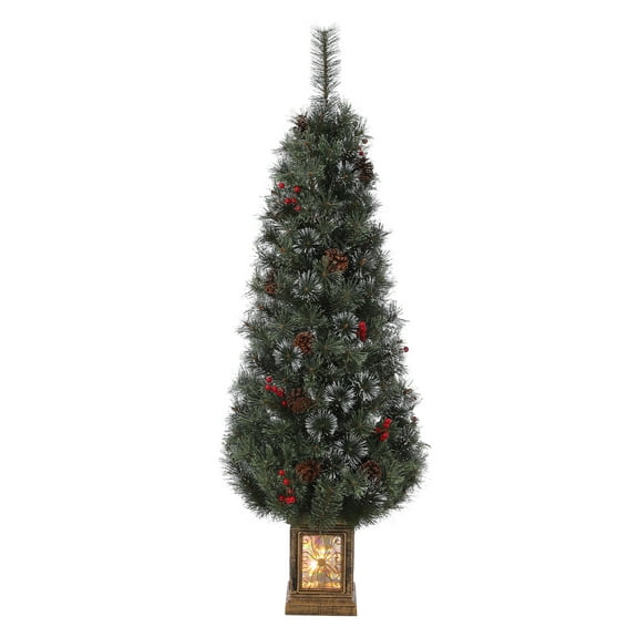200-Light Prelit Frosted Cedar Christmas Tree with 4 Red Berries, 8 Lighting Modes, US Plug (X-Shaped Base)