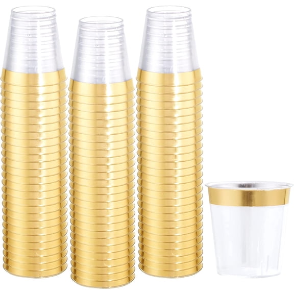 200 PACK Plastic Clear and Gold Shot Glasses, 2OZ Disposable Shot Glasses, Small Hard Plastic Tumblers, Gold Tasting Sampling Cups, Mini Container Perfect for Whiskey for Party