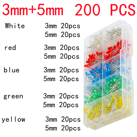 200 PCS,3mm 5mm,LED Diodes Assorted Kit,White Green Red Blue Yellow,LED Light Emitting Diode Electronic Kit,Indicator Lights