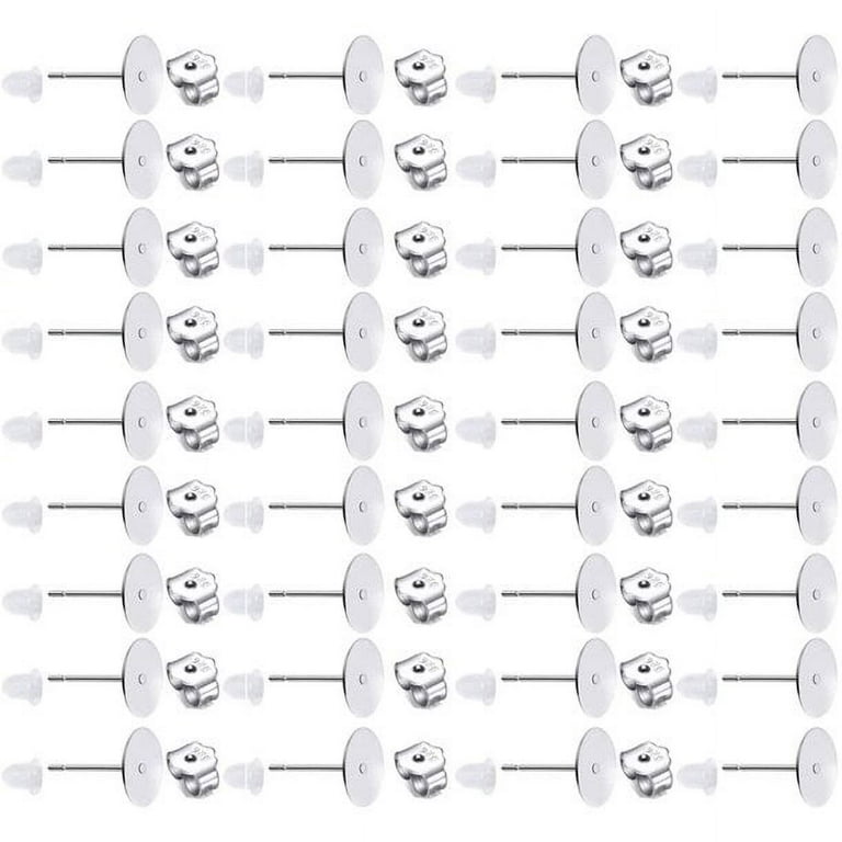 200 PCS 925 Sterling Silver Plated Earrings Posts Flat Pad Hypoallergenic Earring  Posts and Backs Earring Studs Blanks for Jewelry Making Findings(8MM) 