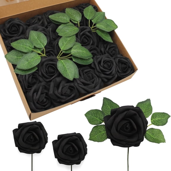200 PCS Black Artificial Flowers Real Looking Faux Foam Fake Roses with Stems for Wedding Decoration Bridal Shower Centerpieces Arrangements Party Tables Decor