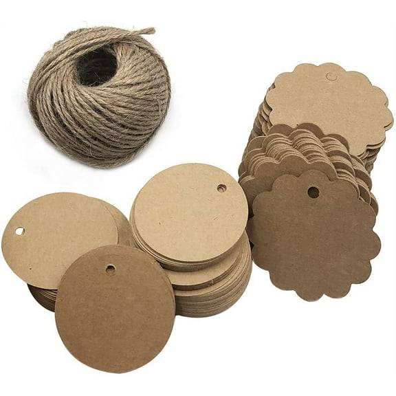 200 PCS Blank Scalloped Circle Paper Gift Tags, DaKuan Craft Paper Tags with 100 Feet Jute Twine for Wedding Birthday Craft Projects ( Brown )