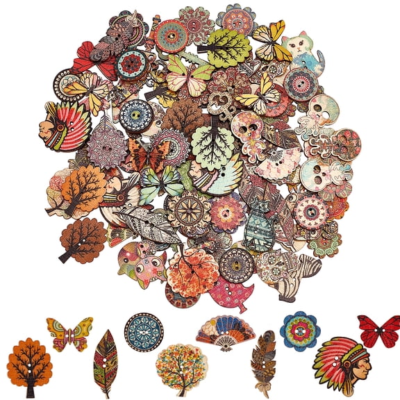 200 PCS Cartoon Wooden Buttons Bulk Assorted Design 2 Holes Cute Animal Mixed Wood Button for Sewing DIY Crafts Scrapbooking Decoration(0.05~0.16inch)