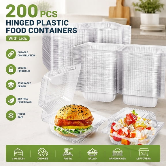 200 PCS Clear Plastic Square Hinged Disposable Containers with Lids, Clamshell Food Storage Boxes for Sandwiches, Desserts, Cakes, Cookies, Salads, Pasta (5.3x4.7x2.8 In)