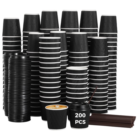 200 PCS Disposable Coffee Cups with Lids and Straws, 4 oz Espresso Cups, Double-Layer Insulated Ripple Wall Cups for Hot Drinks, Convenient and Hygienic for Parties and Events