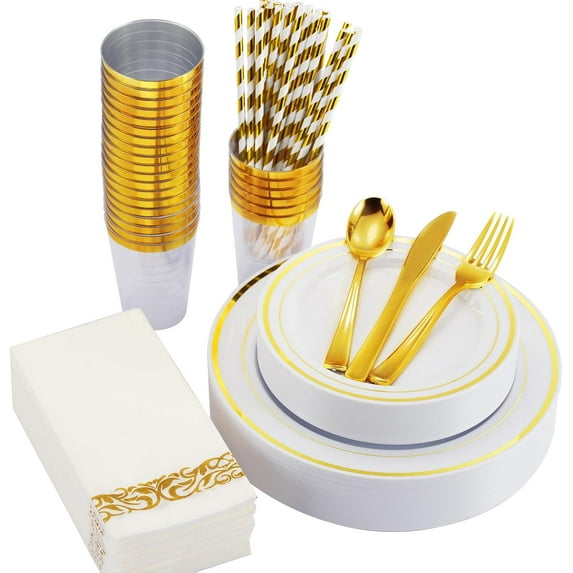 200 PCS Gold Dinnerware Set for 25 Guests,Rose Gold Rimmed Heavy Duty Plastic Disposable Plates for Party Wedding-25 Dinner Plates,Dessert Plates,Spoons,Forks,Knives,Napkins,Cups,Straws