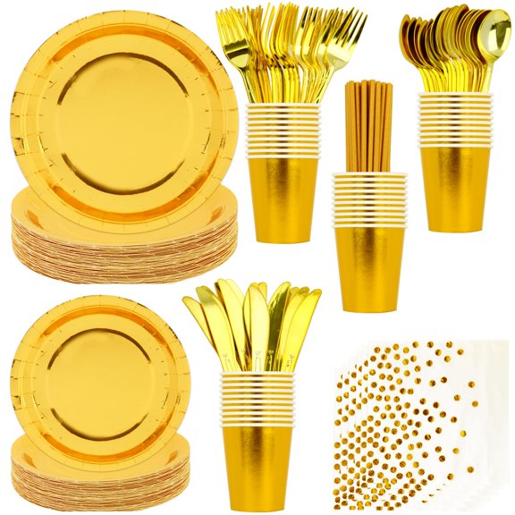 200 PCS Gold Disposable Party Supplies, AFN1Disposable Party Tableware Set with Gold Paper Plates, Paper Cups, Napkins, Plastic Knives, Forks and Spoons 25 Guests
