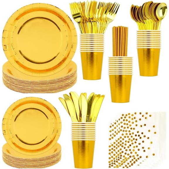 200 PCS Gold Disposable Party Supplies, Disposable Party Tableware Set with Gold Paper Plates, Paper Cups, Napkins, Plastic Knives, Forks and Spoons (25 Guests)