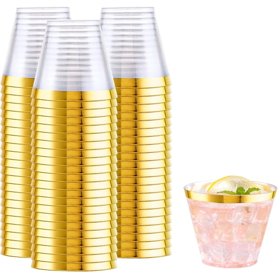 200 PCS Gold Plastic Cups,9 oz Clear Plastic Cups,Disposable Wine Glasses,Plastic Cocktail Glasses for Party and Wedding